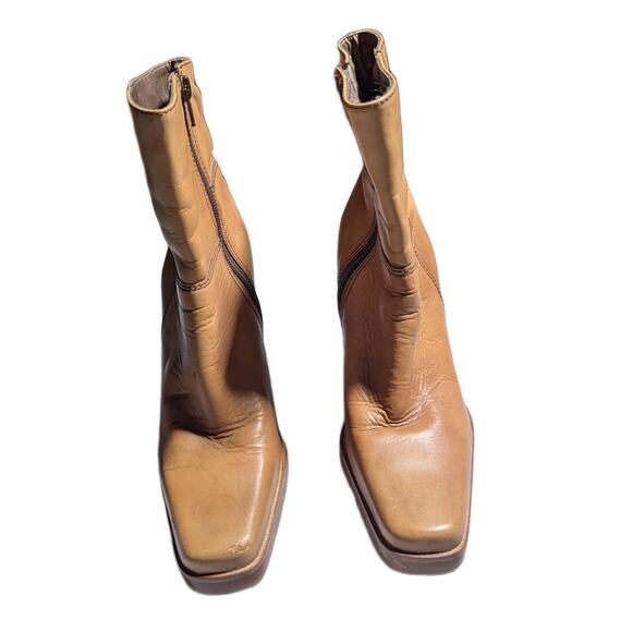 Vtg Y2K Candie's Camel Tan Leather Midi Square Toe Block Heel Ankle Boots Sz 7 - Picture 2 of 6